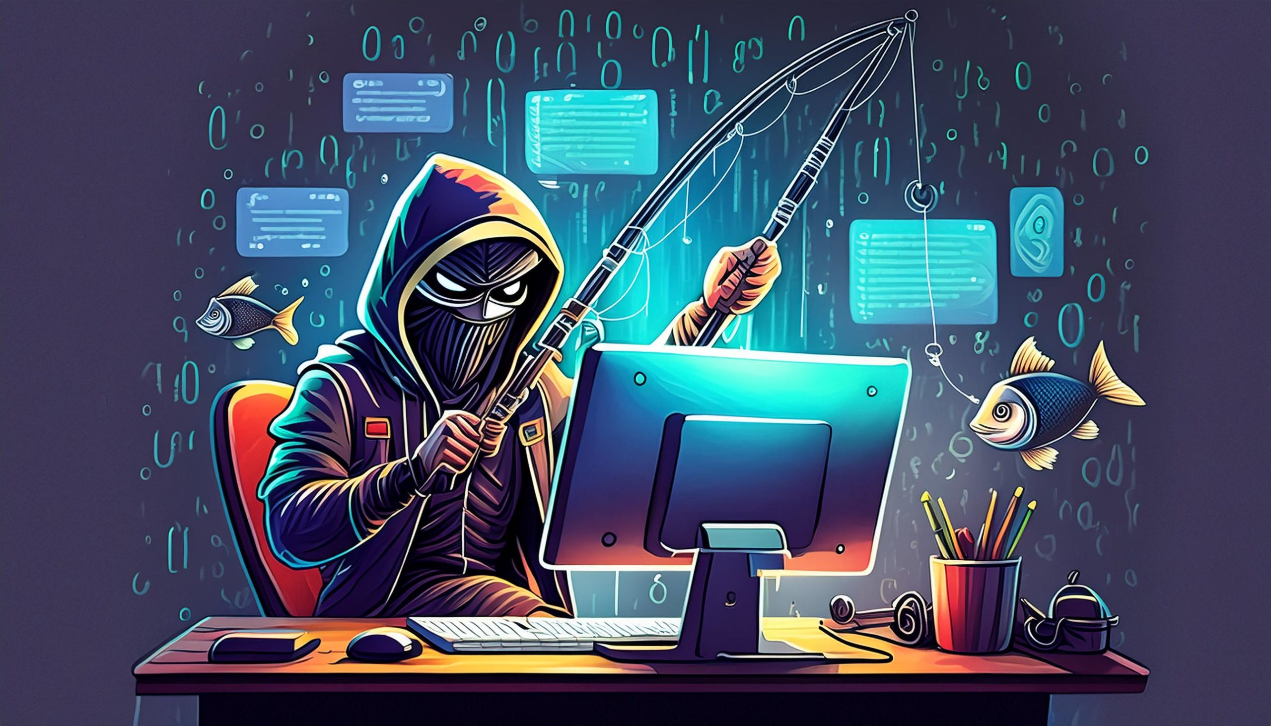 Doodle di un hacker con espressione cattiva seduto alla scrivania con una canna da pesca mentre ruba informazioni da un computer