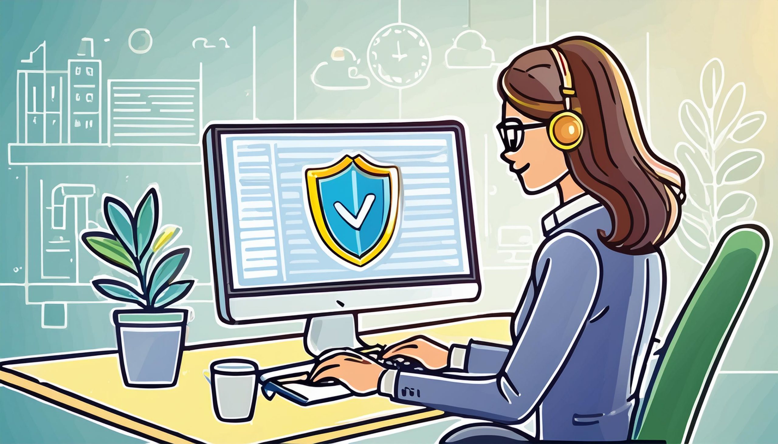 Doodle di un hacker con espressione cattiva seduto alla scrivania con una canna da pesca mentre ruba informazioni da un computer