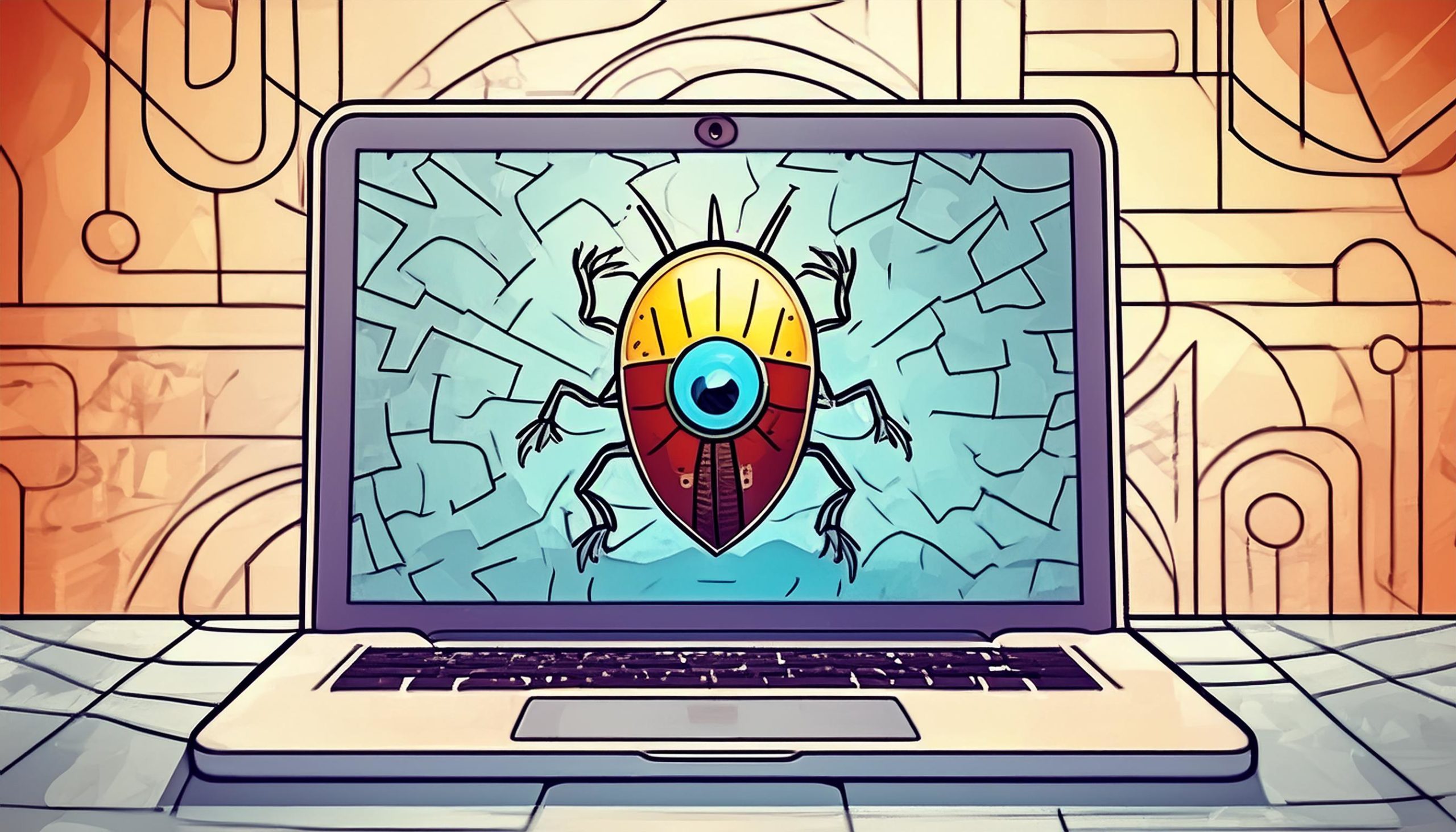 Doodle di un hacker con espressione cattiva seduto alla scrivania con una canna da pesca mentre ruba informazioni da un computer